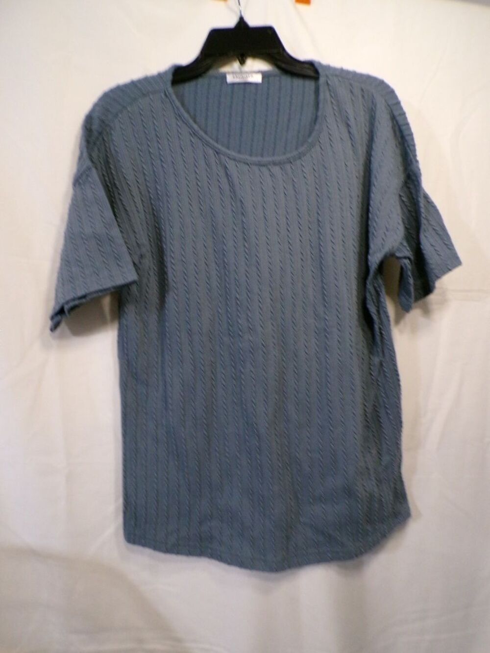 Ekouaer Women L Blue Knit Short Sleeve Top Vertical Textured Stripe